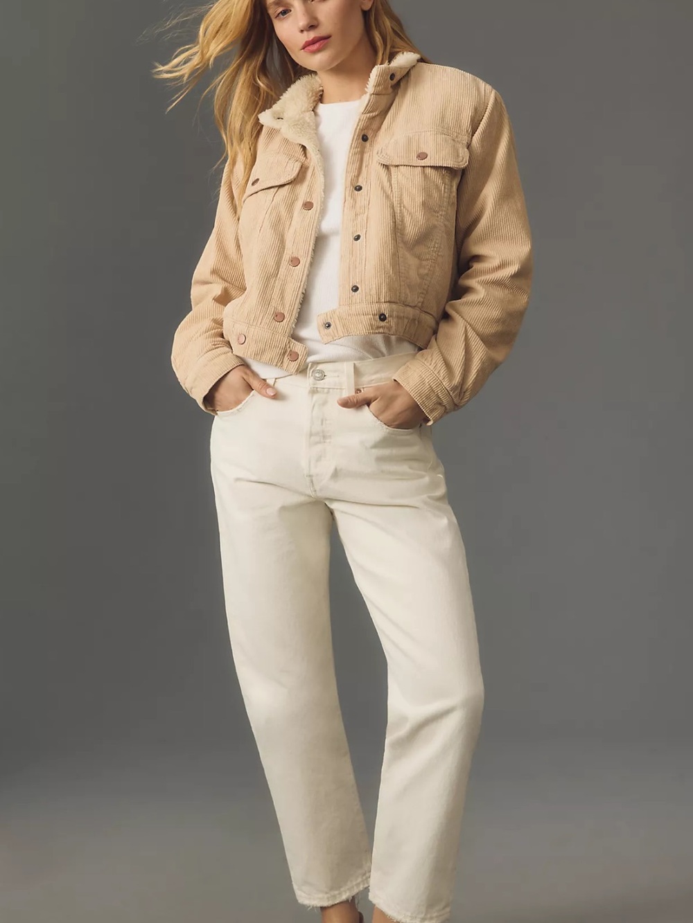 Pilcro Cropped Corduroy Jacket in Beige